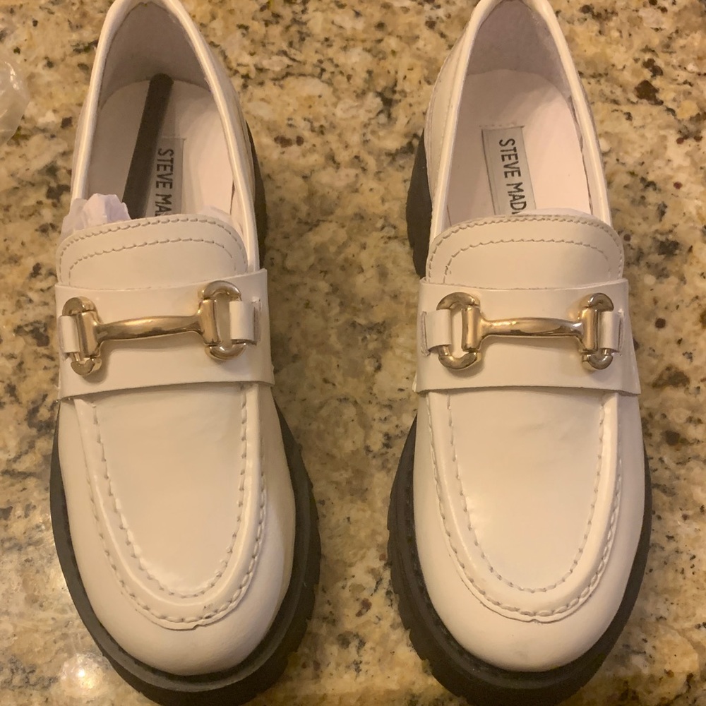 Steve Madden White Loafers with Gold Detail